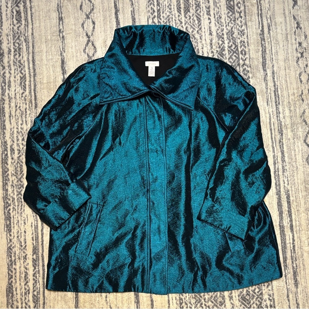 Chico’s Teal Shimmery button up Front Jacket Size 3